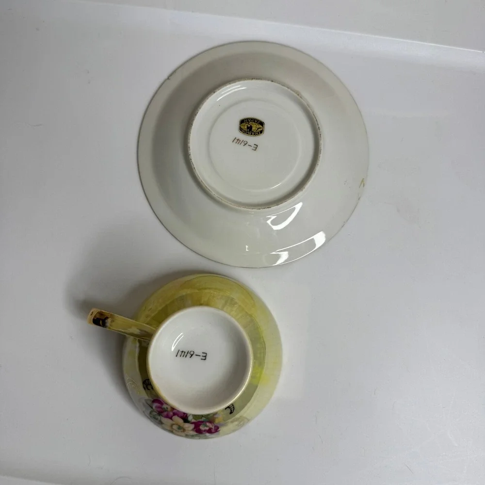 Inarco Japan E-6141 Yellow Lusterware Tea Cup and Saucer Set Floral Gold Trim